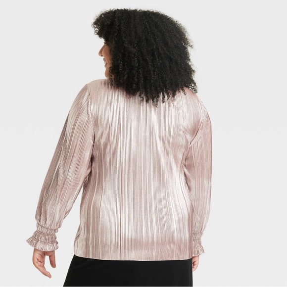 Ava & Viv Champagne Pink Long Sleeve Plisse Pleated Blouse & Ruffle Cuff… - Picture 2 of 10